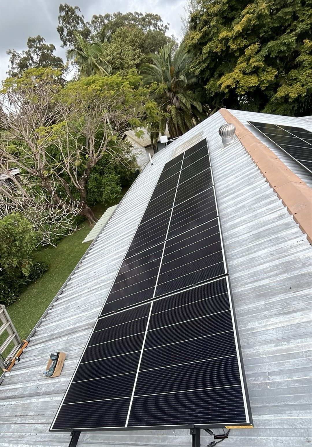 Jinko Tiger Neo solar panels on a corrugated roof among palms and trees in Dunoon Jinko Tiger Neo solar panels on a corrugated roof among palms and trees in Dunoon, part of a 6.65 kW solar and Sigenergy battery install by Sun Connect Solar
