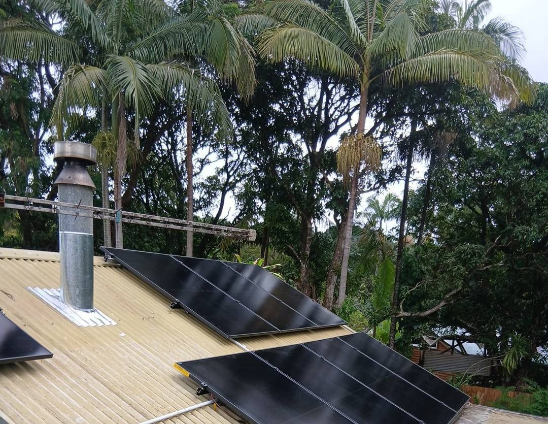 AIKO solar panels on a corrugated roof among palms and rainforest garden at Federal AIKO solar panels on a corrugated roof among palms and rainforest garden at Federal, installed by Sun Connect Solar