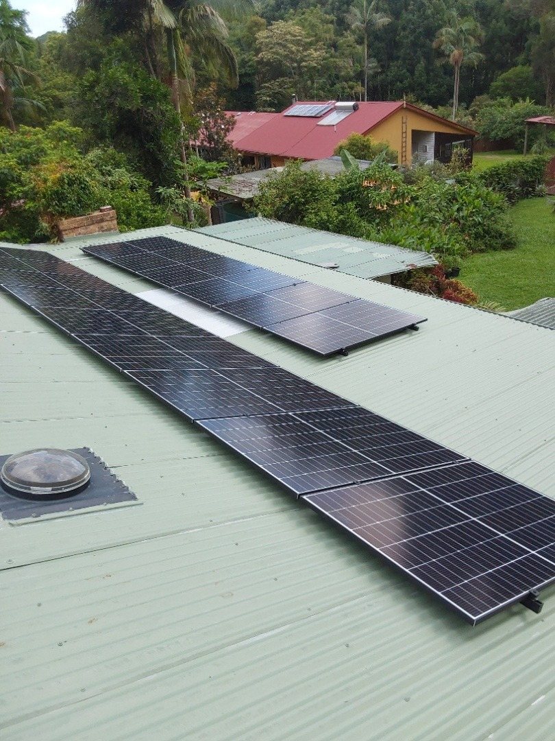 Trina Vertex S+ solar panels in long rows on a green corrugated roof with a rainforest garden behind at Federal Trina Vertex S+ solar panels in long rows on a green corrugated roof with a rainforest garden behind at Federal, part of a 13.2 kW install by Sun Connect Solar