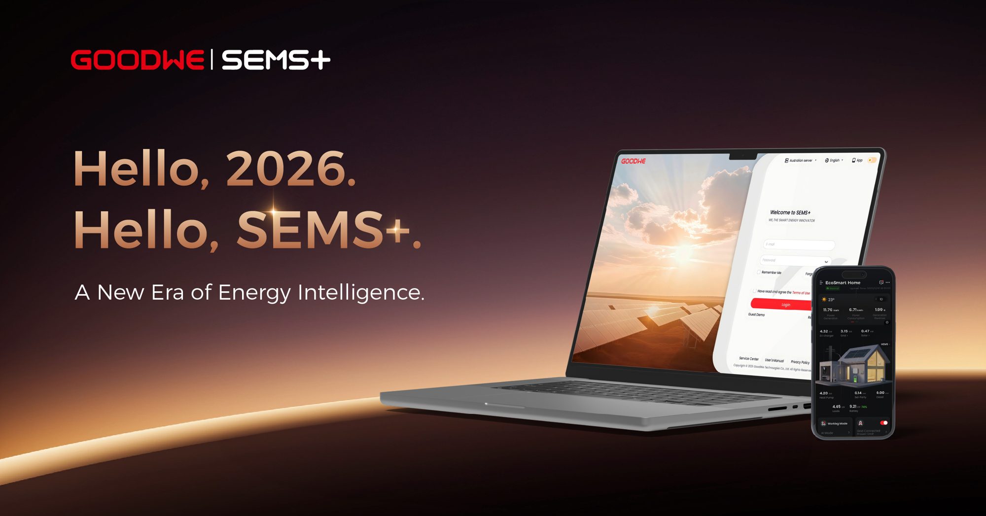 GoodWe SEMS+ monitoring app on a phone and web portal on a laptop (GoodWe product image)