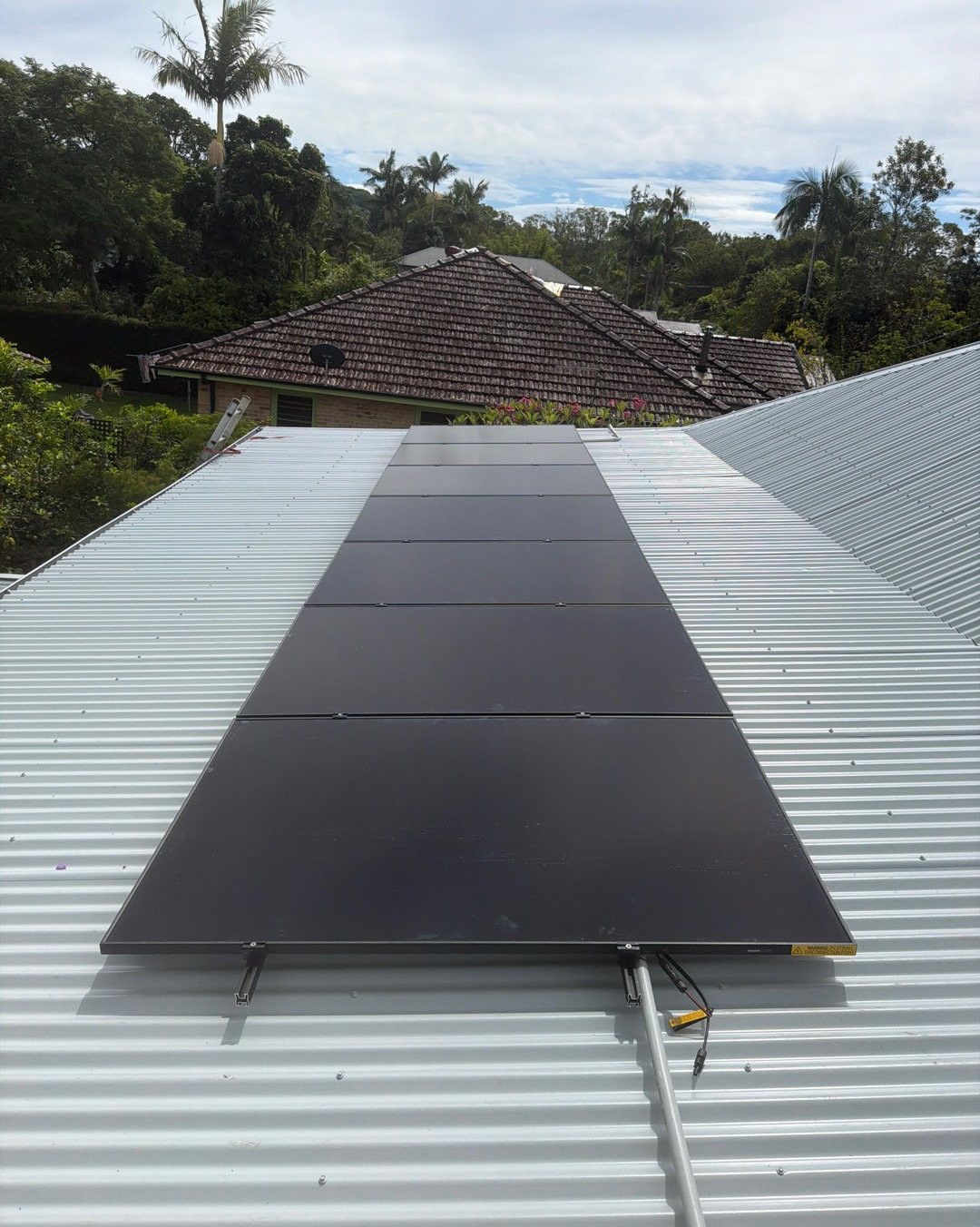 All-black AIKO solar panels running up a pale metal roof in Mullumbimby with palms and the hills behind All-black AIKO solar panels running up a pale metal roof in Mullumbimby with palms and the hills behind, part of a 7.6 kW solar and 24 kWh Sigenergy battery install by Sun Connect Solar