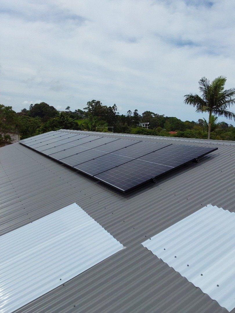 A row of Jinko solar panels on a grey Colorbond roof with palms and trees behind in Ocean Shores, installed by Sun Connect Solar