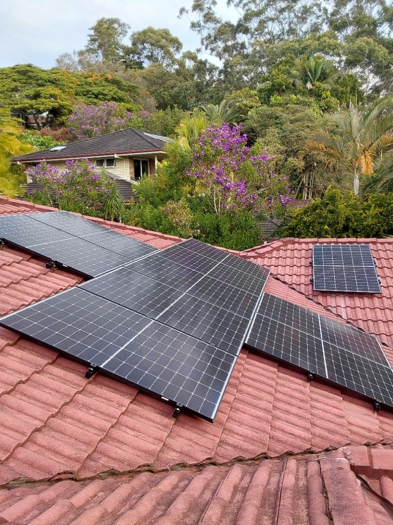 Jinko solar panels on several faces of a terracotta tile roof in Ocean Shores with a flowering jacaranda behind, part of an 18.48 kW install by Sun Connect Solar