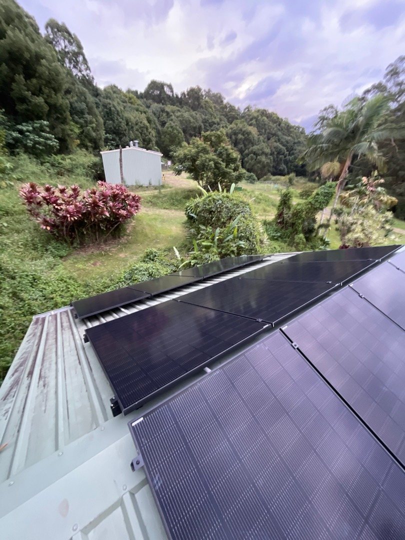All-black Jinko solar panels on a green corrugated roof above a garden and valley at Rosebank All-black Jinko solar panels on a green corrugated roof above a garden and valley at Rosebank, installed by Sun Connect Solar