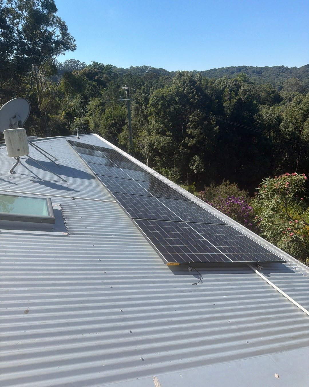 A long row of Trina solar panels on a metal roof looking out over the rainforest valley at Rosebank A long row of Trina solar panels on a metal roof looking out over the rainforest valley at Rosebank, part of a solar and 32 kWh Sigenergy battery install by Sun Connect Solar