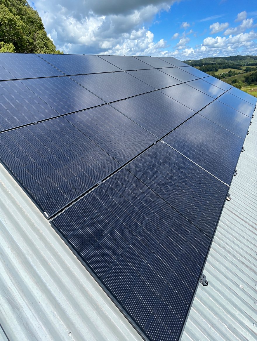 Black Jinko solar panels on a corrugated roof with hinterland views at Tintenbar near Ballina, installed by Sun Connect Solar